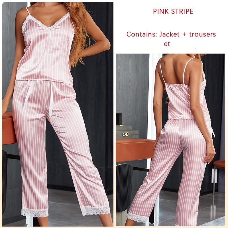 Womens Pajamas Set Tops and long pants Silk Pajamas  Sexy Lace Striped Sleepwear